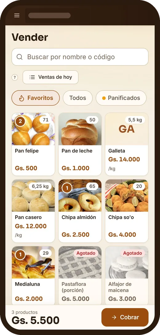 Horno en el celular: pantalla de venta con productos y botón para cobrar