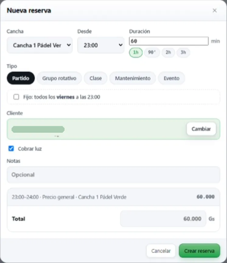 Formulario de nueva reserva en PLES: cancha, horario, duración, tipo de turno y total a cobrar